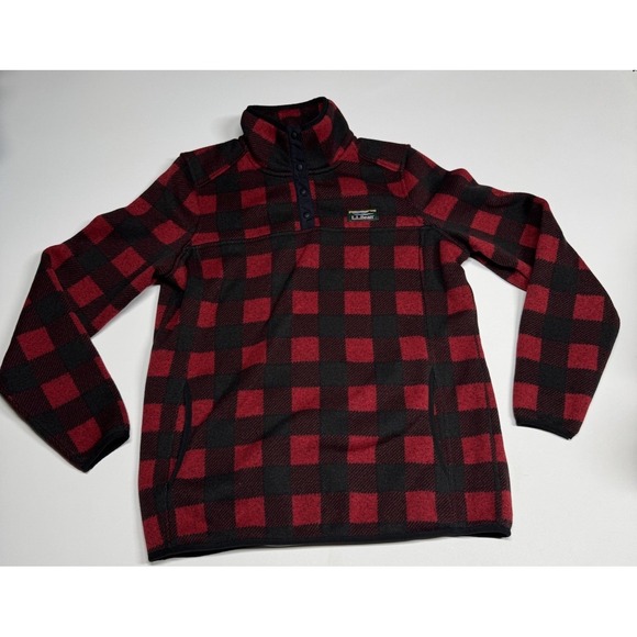 LL Bean Sweater Womens M Red Black Buffalo Plaid Snap Henley Mock Sweatshirt - Picture 1 of 10